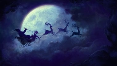 Santa Claus in the clouds and moon Wallpaper