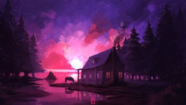 Cabin in forest Pink sunset Wallpaper