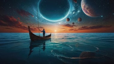 Gondola sea sunset planets in universe Wallpaper