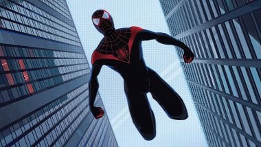 El hombre araña Miles Morales cayendo entre edificios Fondo de pantalla