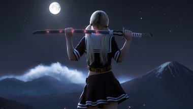 Chica con katana a la luz de la luna Fondo de pantalla