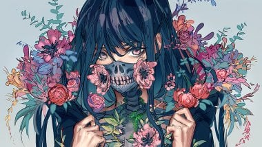 Chica anime con mascara y flores Fondo de pantalla
