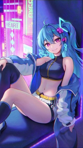 Anime girl with purple eyes Cyberpunk Wallpaper
