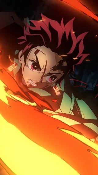 Tanjiro con katana en llamas del anime Kimetsu no Yaiba Fondo de pantalla