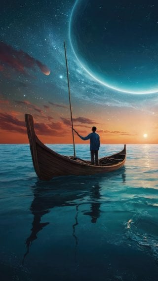 Gondola sea sunset planets in universe Wallpaper