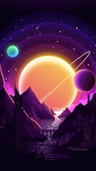 Night in the mountains with planets in the background Wallpaper