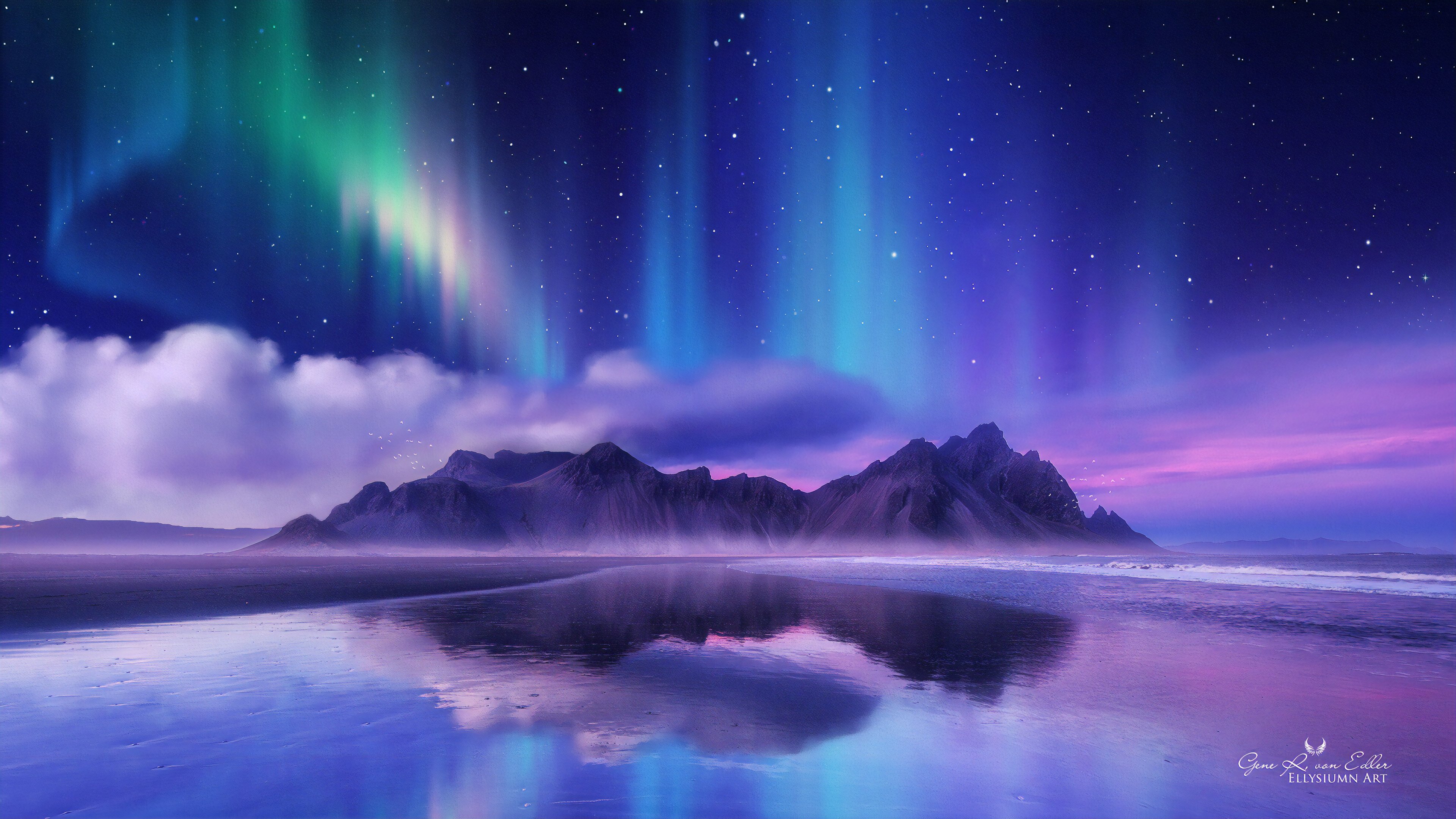 Aurora polar reflejadas en lago en las montañas Fondo de ...
